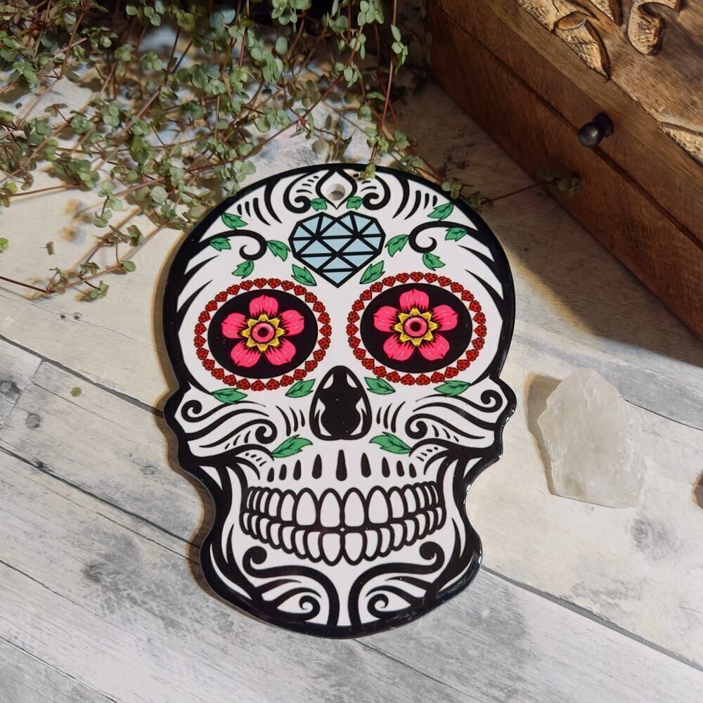 Sugar Skull Ceramic Wall Hanging Plaque-Cork Back